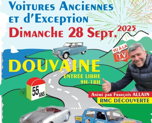 Affiche du 3e Grand rassemblement de voitures anciennes et d'exception le dimanche 28 sept. 2025 au garage Gaud 37 Avenue des Voirons à DOuvaine. entrée gratuite de 9h à 18h.