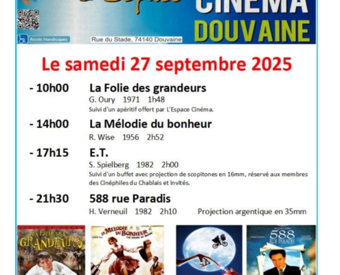Affiche avec la programmation des films diffusés gratuitement pour les 30 ans du Cinéma le 27 septembre 2025