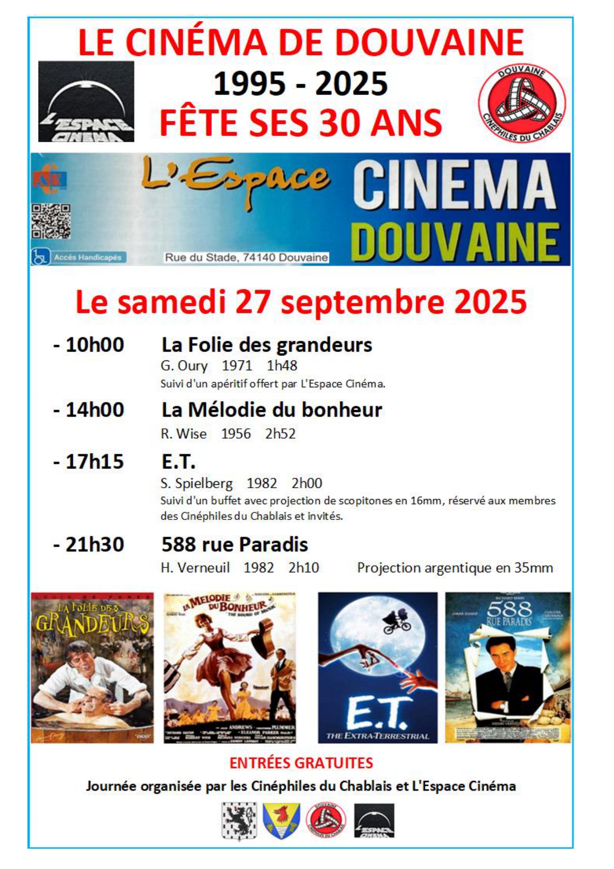 Affiche avec la programmation des films diffusés gratuitement pour les 30 ans du Cinéma le 27 septembre 2025
