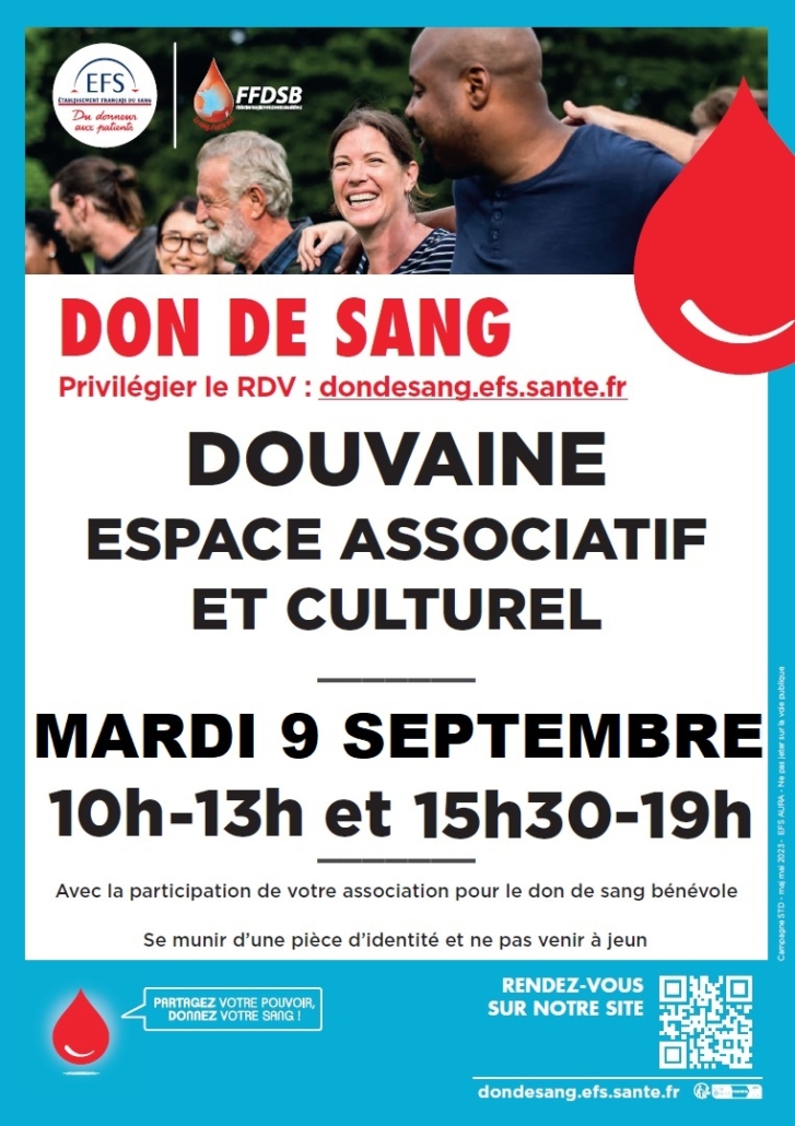 Affiche pour la collecte de sang du 09 septembre 2025 salle du coteau 10h-13h et 15h30-19h.