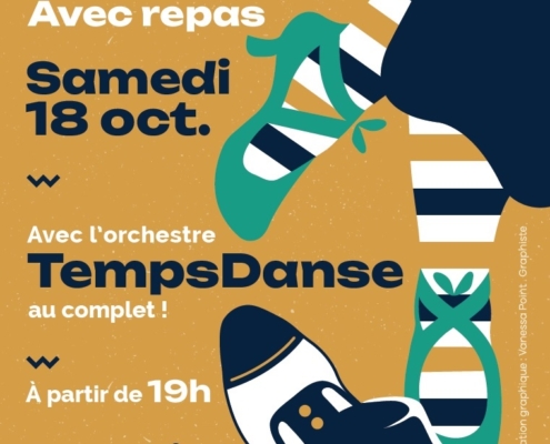 Affiche de la grande soirée dansante à la bulle de Douvaine le samedi 18 octobre 2025 à partir de 19h menu complet : 32€ animé par l'orchestre Temps danse au complet