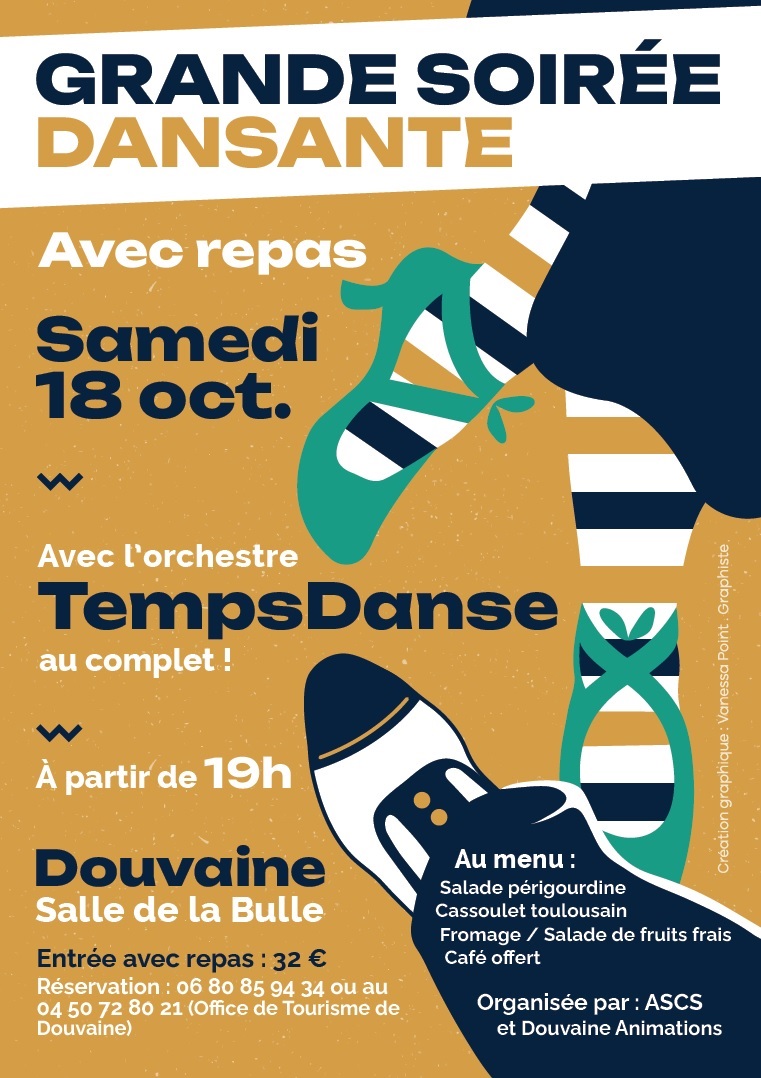 Affiche de la grande soirée dansante à la bulle de Douvaine le samedi 18 octobre 2025 à partir de 19h menu complet : 32€ animé par l'orchestre Temps danse au complet