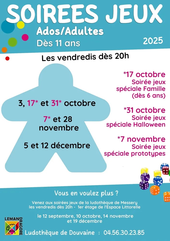 Affiche Soirées Jeux de et à la Ludothèque à Douvaine les 17, 31 octobre et 7 novembre 2025 dès 20h