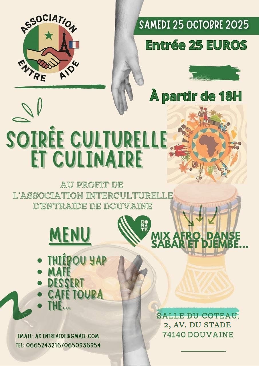 Affiche de la soirée culturelle et culinaire à la salle du coteau le samedi 25 octobre 2025 dès 18h