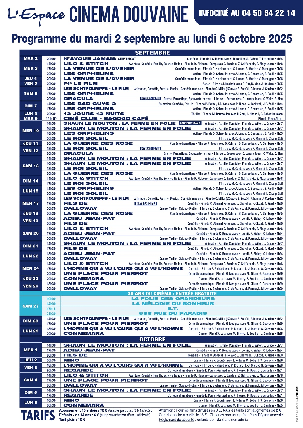Programme du Cinéma l'Espace pour le mois de septembre 2025