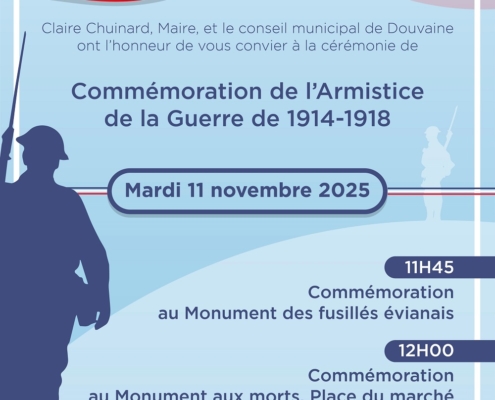invitation de Madame le Maire à la cérémonie de commémoration du 11 novembre à 11h45 au monument des fusillés évianais et à 12h au monument aux morts