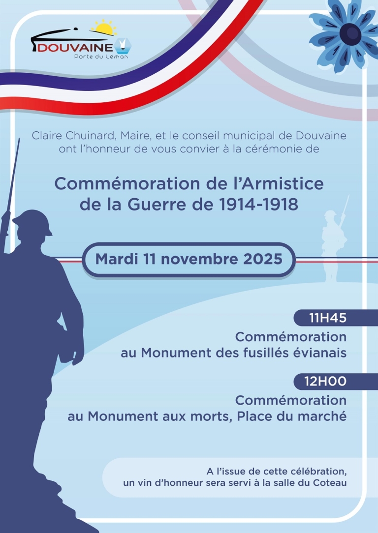invitation de Madame le Maire à la cérémonie de commémoration du 11 novembre à 11h45 au monument des fusillés évianais et à 12h au monument aux morts