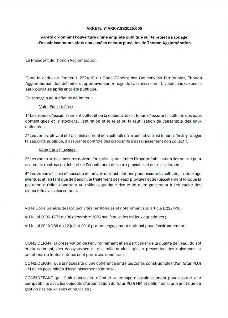visuel de la première page de l'arrêté n°ARR-ASS2025.005 Arrêté ordonnant l'ouverture d'une enquête publique sur le projet de zonage d'assainissement volets eaux usées et eaux pluviales de Thonon Agglomération