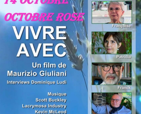 Affiche pour la soirée du ciné-club, mardi 14 octobre 2025 à 19h à l'Espace Cinéma, dans le cadre d'octobre rose. Projection du film Vivre avec de Maurizio Giuliani suivi de l'interview de Dominique Ludi