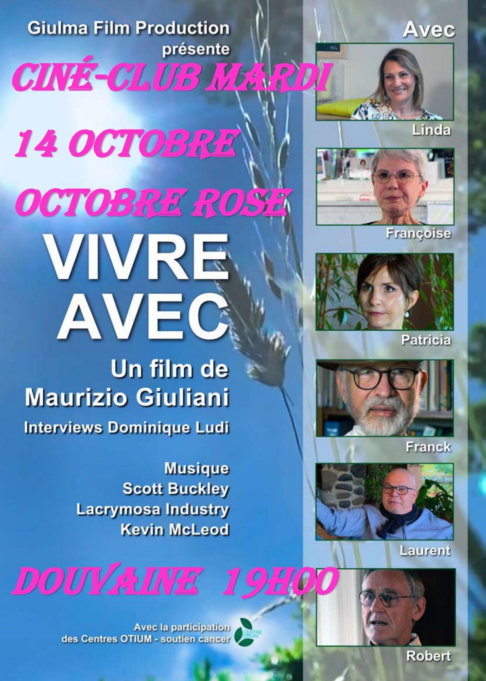 Affiche pour la soirée du ciné-club, mardi 14 octobre 2025 à 19h à l'Espace Cinéma, dans le cadre d'octobre rose. Projection du film Vivre avec de Maurizio Giuliani suivi de l'interview de Dominique Ludi