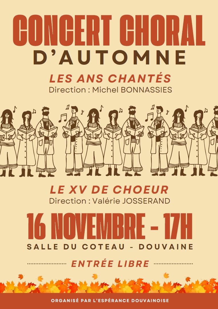 Concert des Ans Chantes 16 novembre 2025 Affiche du concert des Ans Chantés dimanche 16 novembre 2025 à 17h à la Bulle de Douvaine. Avec la participation du XV de Choeur. Entrée Libre