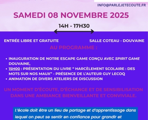 Affiche de l'événement "Harcèlement scolaire : parlons-en !" le 8 novembre 2025 à 14h salle du Coteau à Douvaine, par l'association Parle, je t'écoute dans le cadre de la journée nationale de lutte contre le harcèlement scolaire