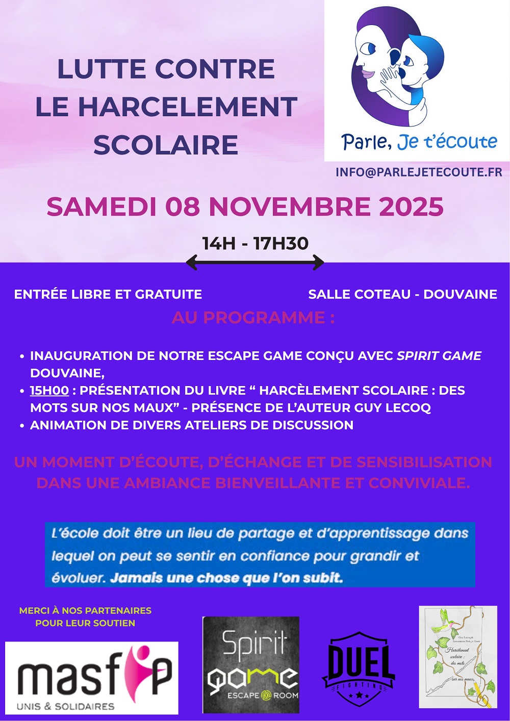 Affiche de l'événement "Harcèlement scolaire : parlons-en !" le 8 novembre 2025 à 14h salle du Coteau à Douvaine, par l'association Parle, je t'écoute dans le cadre de la journée nationale de lutte contre le harcèlement scolaire