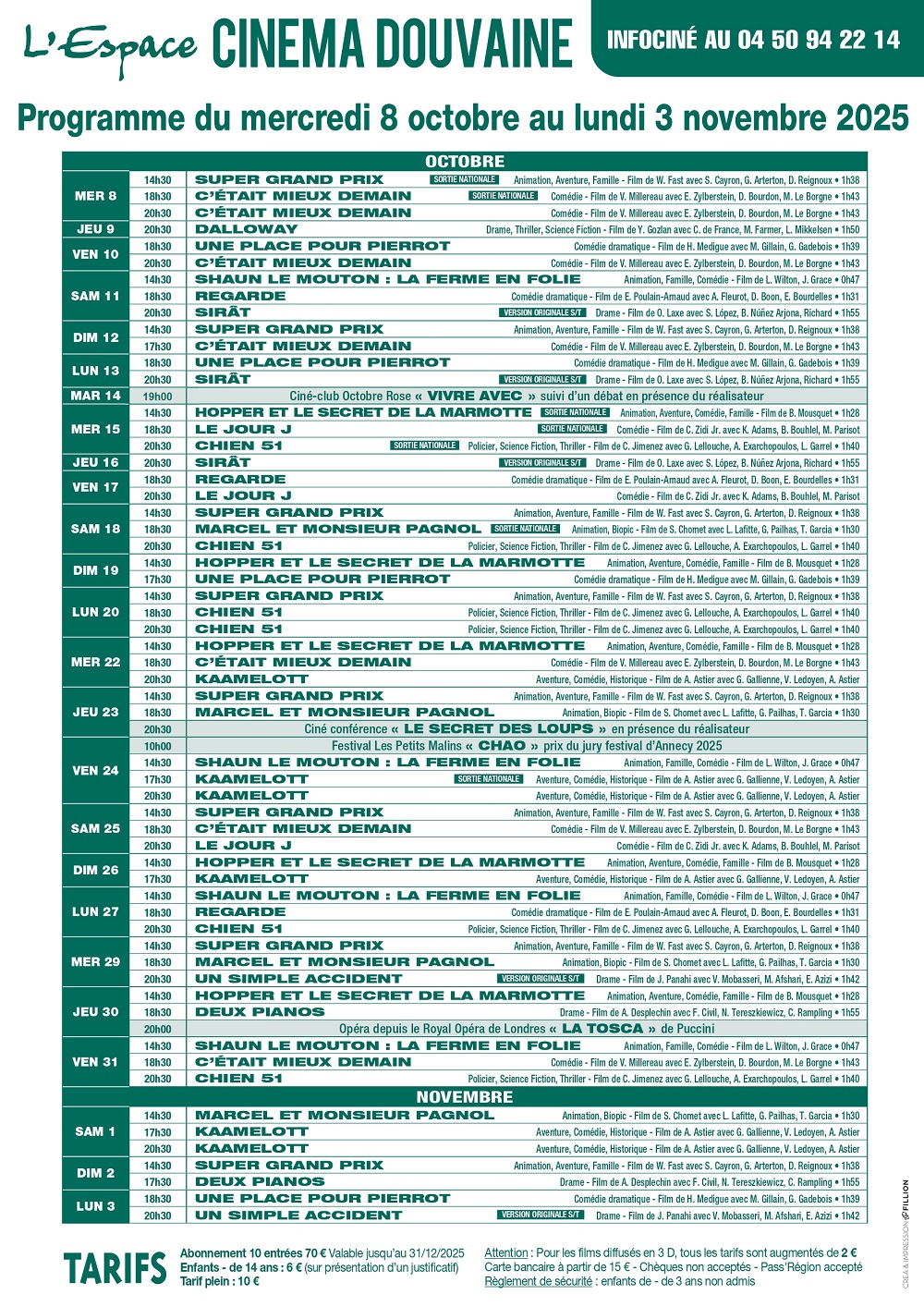 Programme de l'Espace Cinéma de Douvaine du 8 octobre au 3 novembre 2025
