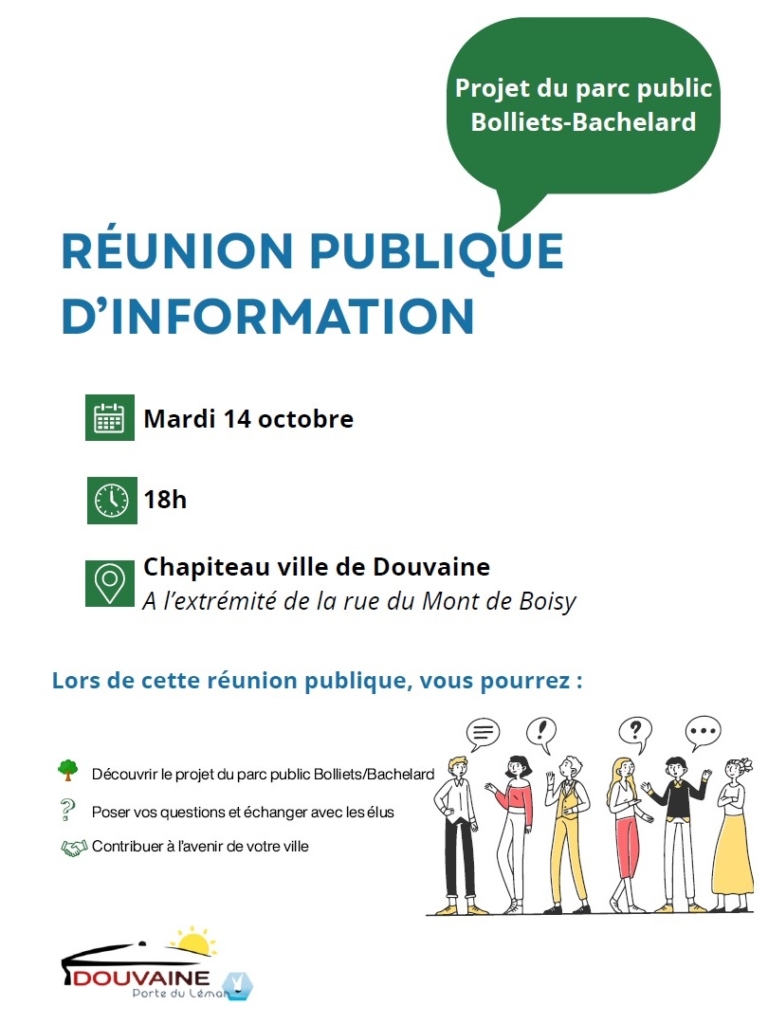 Affiche pour la réunion publique d'information sur le projet du parc des Bolliets-Bachelard le mardi 14 octobre à 18h au chapiteau "ville de Douvaine" à l'extrémité de la Rue du Mont de Boisy