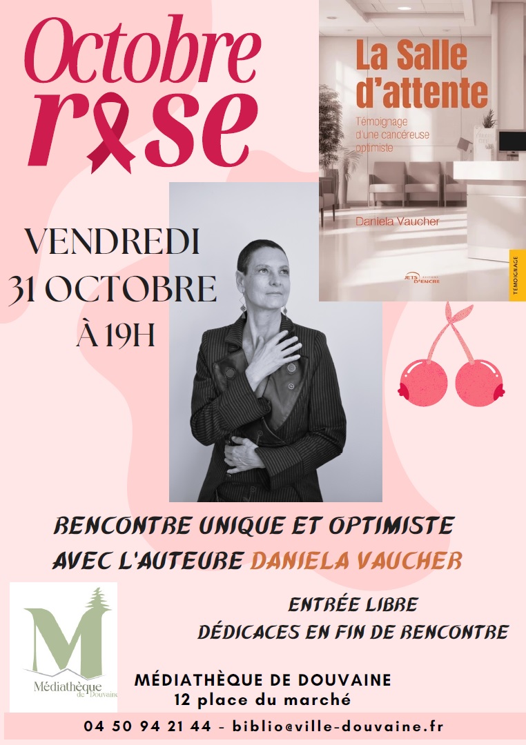 Affiche pour la soirée avec Daniela Vaucher pour la sortie de son livre "la salle d'attente" le vendredi 31 octobre 2025 à 19h à la médiathèque de Douvaine