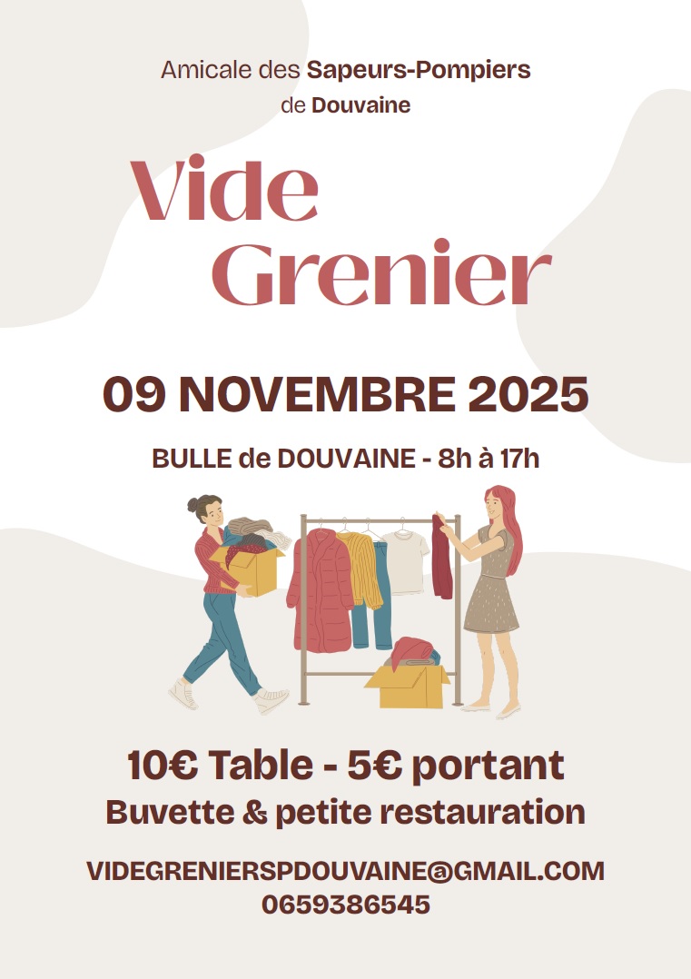Affiche officielle du Vide-grenier des Sapeurs-Pompiers de Douvaine le dimanche 9 novembre 2025 à la Bulle de 8h à 17h