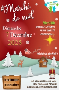 Affiche du marché de Noël à la Bulle de Douvaine de 9h à 18h, dimanche 7 décembre 2025.