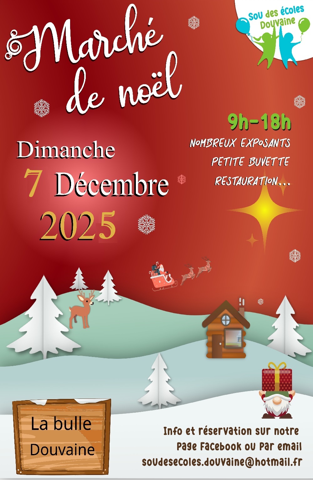 Affiche du marché de Noël 2024 à la Bulle de Douvaine de 9h à 18h, repiquée pour le dimanche 7 décembre 2025.