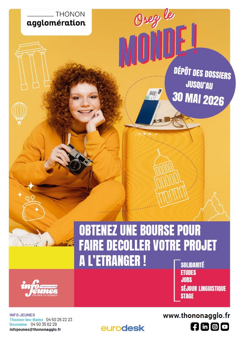 Bourse mobilité recto resto du flyer de Thonon Agglo pour la Bourse pour partir à l'étranger - dossier à déposer jusqu'au 31 mai 2026