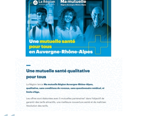 visuel de la page du site https://www.auvergnerhonealpes.fr/particuliers/mamutuelleregion adapté pour la communication de l'offre de la région pour une mutuelle santé pour tous