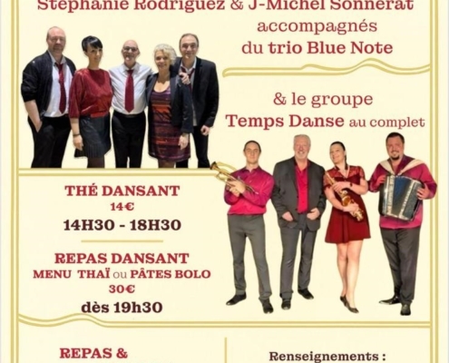Affiche pour le 28 novembre 2025 : thé dansant à 14h30 puis repas dansant à 19h30 à la Bulle