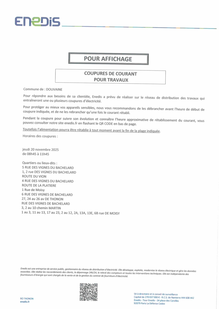 coupures de courant pour travaux le 20/11/2025 de 08h45 à 11h45 vignes de bachelard/route du vion/route de la platiere/rue de moisy/avenue de thonon/chemin martin