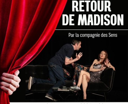 Affiche pour la soirée théâtre au profit du Téléthon qui sera donnée le mardi 25 novembre 2025 à 20h à l'Espace Cinéma de Douvaine. La compagnie des sens jouera "Retour de Madison" une pièce entre comédie et romance. entrée 12€ en vente à l'Office de Tourisme de Douvaine ou sur info@douvaine-animations.fr