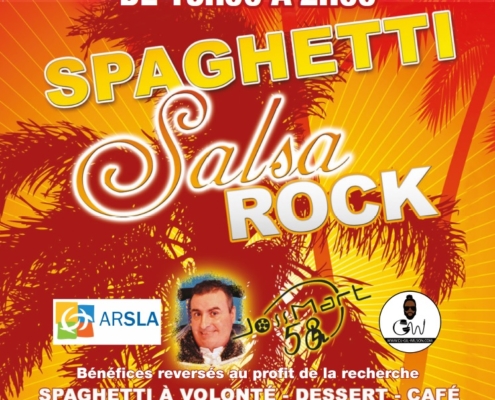 Affiche de la Soirée Spaghetti Salsa Rock du samedi 29 novembre 2025 à la Bulle.. entrée adulte 25€ (spaghetti à volonté, dessert, café) ; 15€ moins de 12 ans ou entrée bal seul dès 23h à 10€