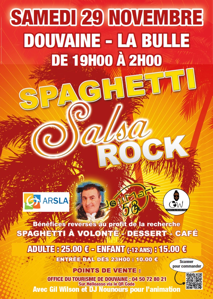 Spaghetti Salsa Rock 29 novembre 2025 Affiche de la Soirée Spaghetti Salsa Rock du samedi 29 novembre 2025 à la Bulle.. entrée adulte 25€ (spaghetti à volonté, dessert, café) ; 15€ moins de 12 ans ou entrée bal seul dès 23h à 10€
