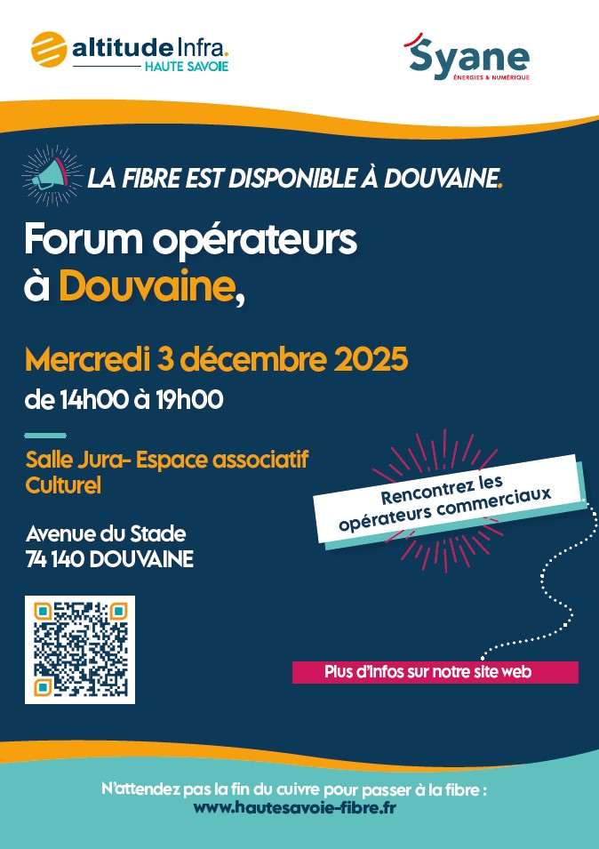 Syane rencontre operateurs 3 decembre 25 Affiche pour le forum opérateurs fibre à Douvaine le merdredi 3 décembre 2025 de 14h à 19h dans la sale Jura à l'EAC