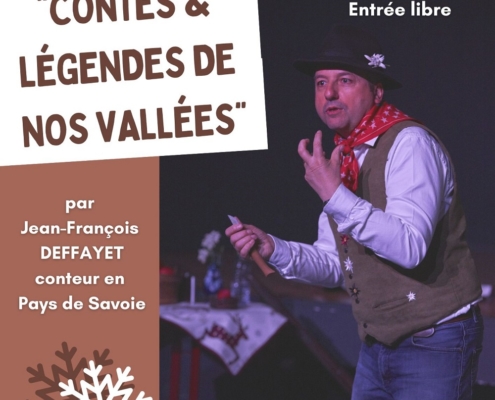 affiche de la veillée contes et légendes de nos vallées par Jean-François Deffayet, conteur en Pays de Savoie. Soirée organisée par la médiathèque le vendredi 12 décembre 2025 à 19h. entrée gratuite