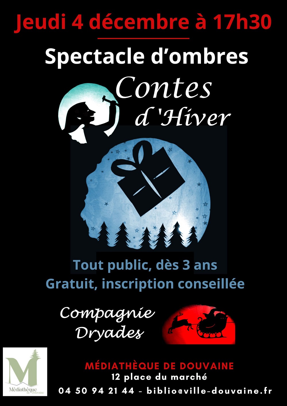 Affiche pour le spectacle d'ombres "contes d'hiver" du jeudi 4 décembre à 17h30 à la médiathèque