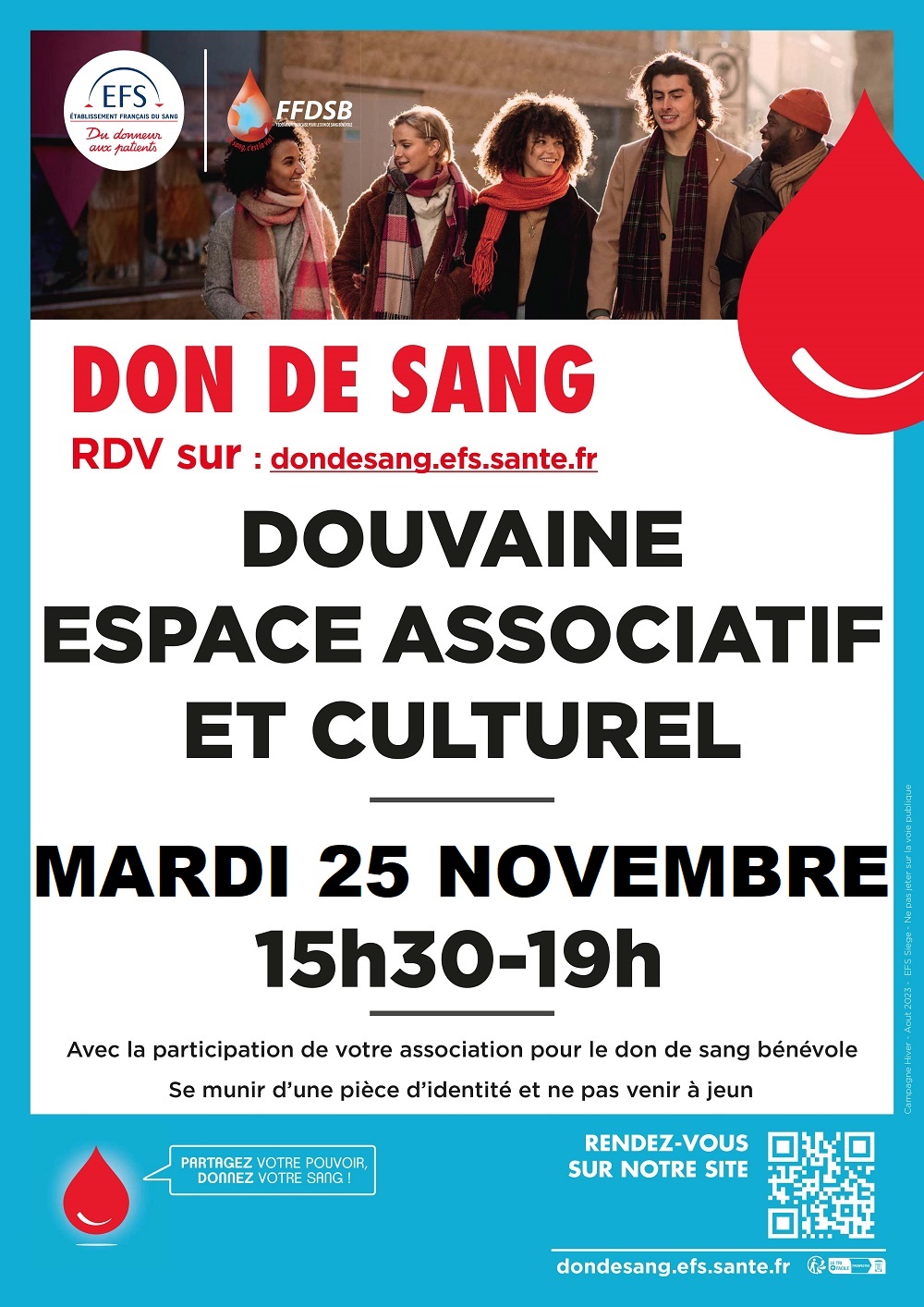 affiche annonçant la collecte de sang du mardi 25 novembre 2025 à Douvaine de 15h30 à 19h en salle du Coteau ; inscription sur https://dondesang.efs.sante.fr/trouver-une-collecte/145782/sang