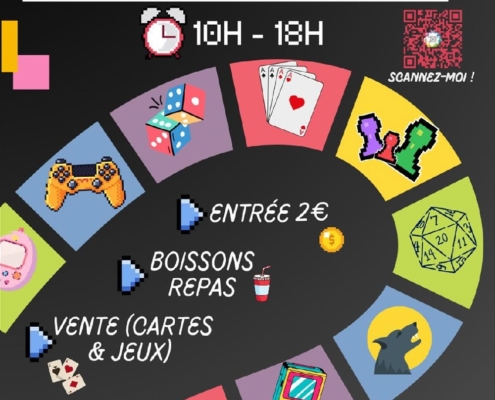 Affiche pour la fête des jeux du dimanche 23 novembre 2025 de 10h à 18h à la Bulle de Douvaiane. entrée unique à 2€