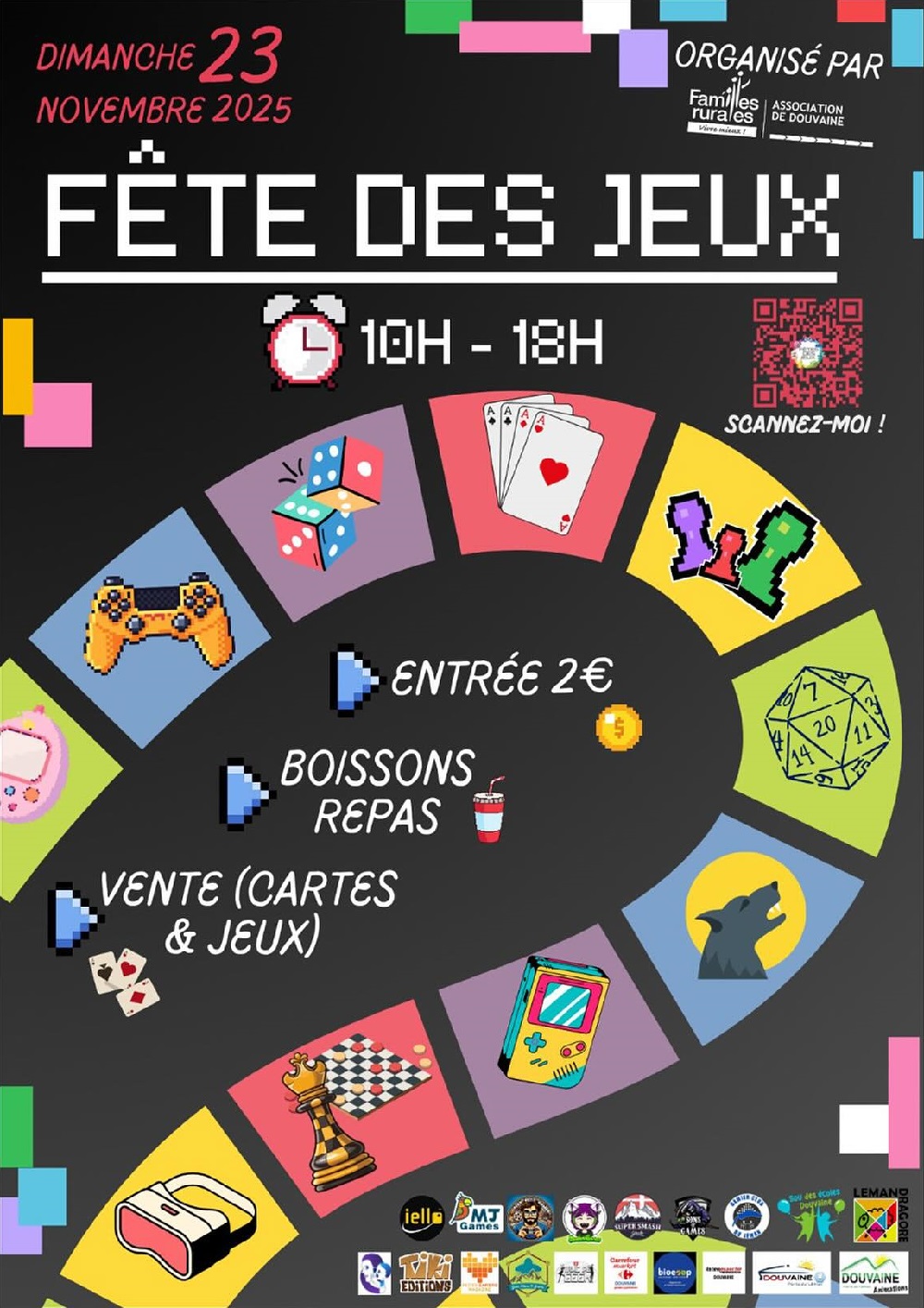 fete des jeux 23 novembre 2025 Affiche pour la fête des jeux du dimanche 23 novembre 2025 de 10h à 18h à la Bulle de Douvaiane. entrée unique à 2€