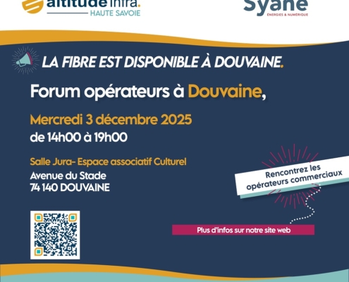 Affiche carré pour le forum opérateurs fibre à Douvaine le merdredi 3 décembre 2025 de 14h à 19h dans la sale Jura à l'EAC