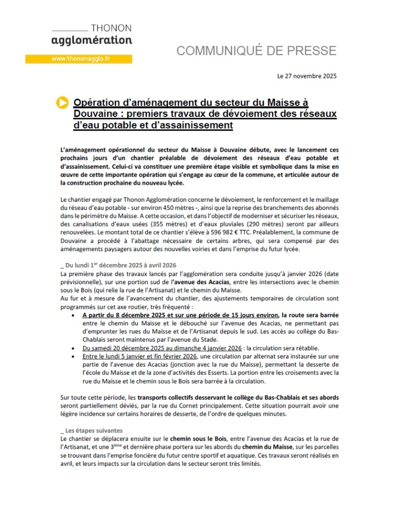 communiqué de Presse de Thonon Agglomération sur l'Opération d'aménagement du secteur du Maisse à Douvaine : premiers travaux de dévoiement des réseaux d'eaux potable et d'assainissement
