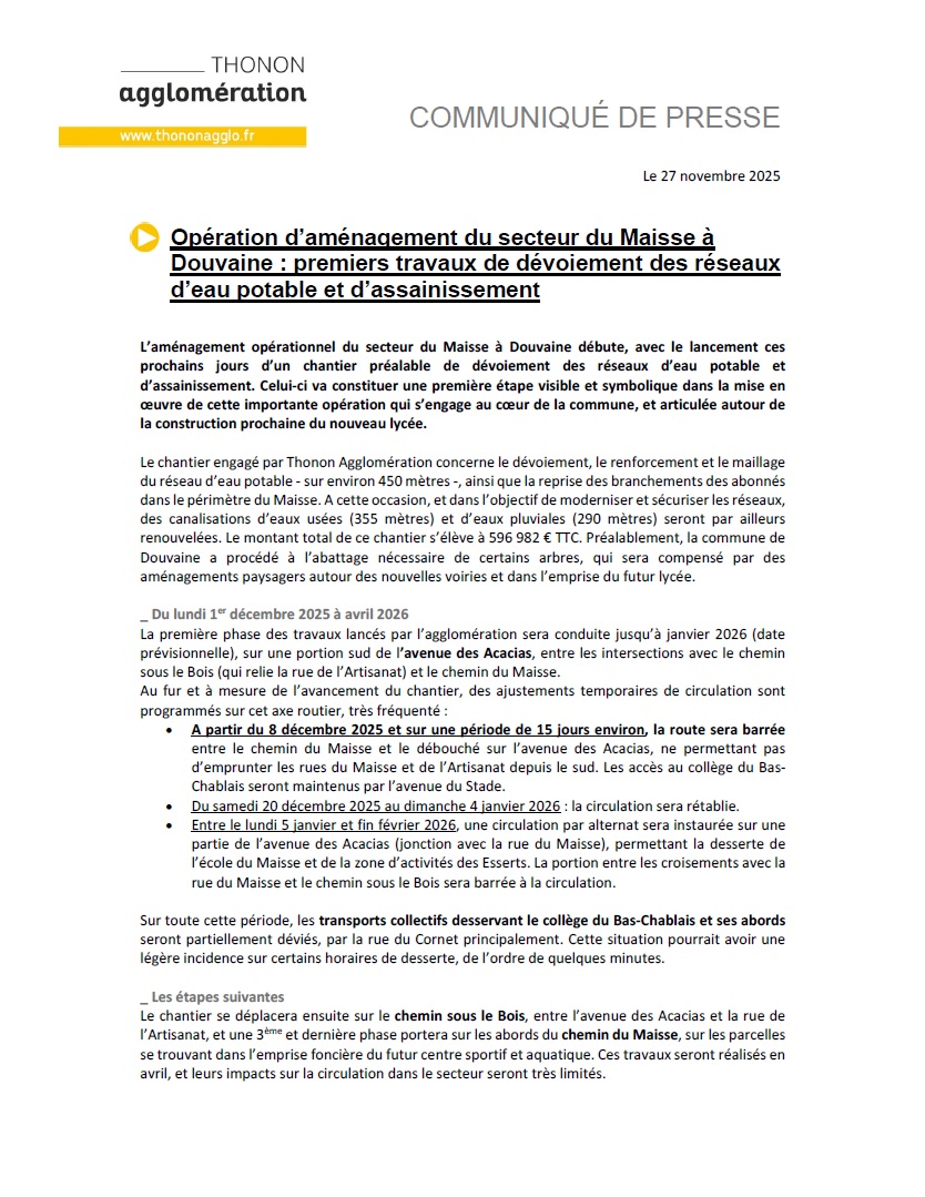 communiqué de Presse de Thonon Agglomération sur l'Opération d'aménagement du secteur du Maisse à Douvaine : premiers travaux de dévoiement des réseaux d'eaux potable et d'assainissement