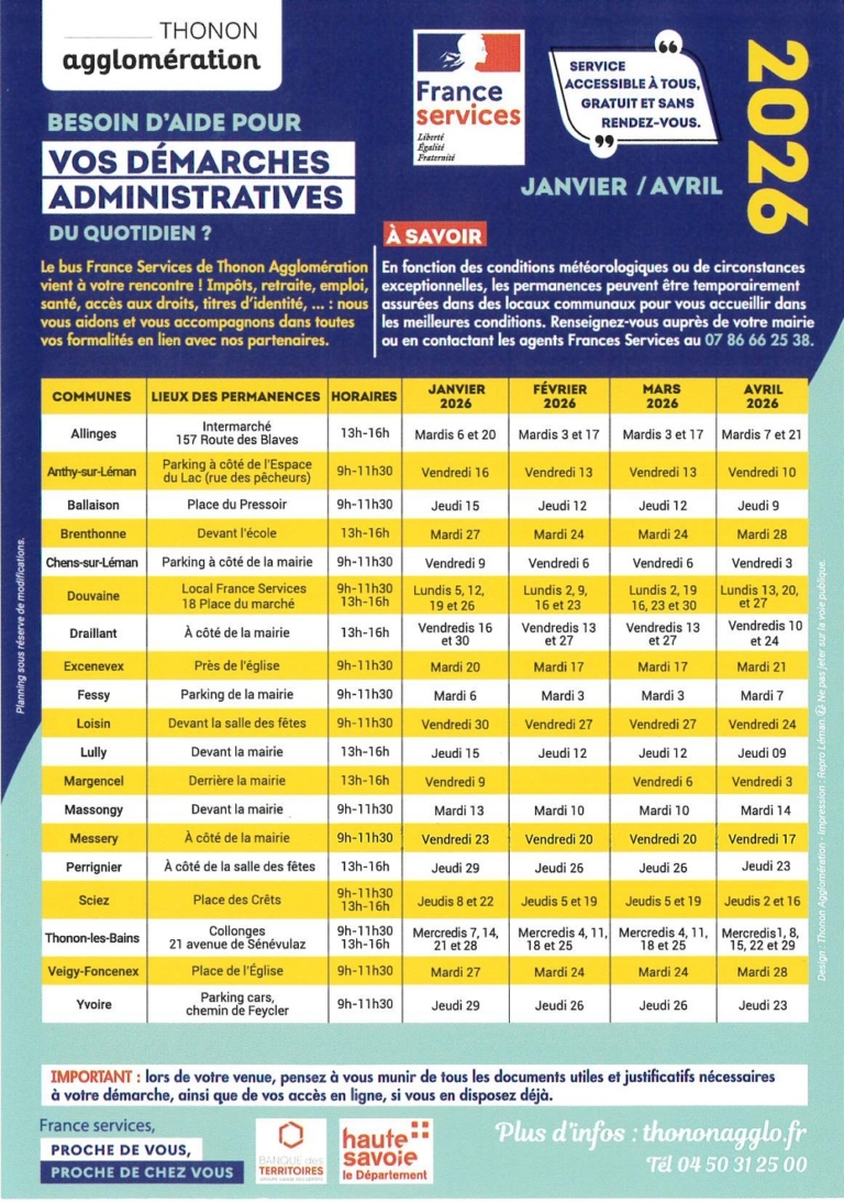 Planning avec toutes les dates France Service de janvier à mars 2026
