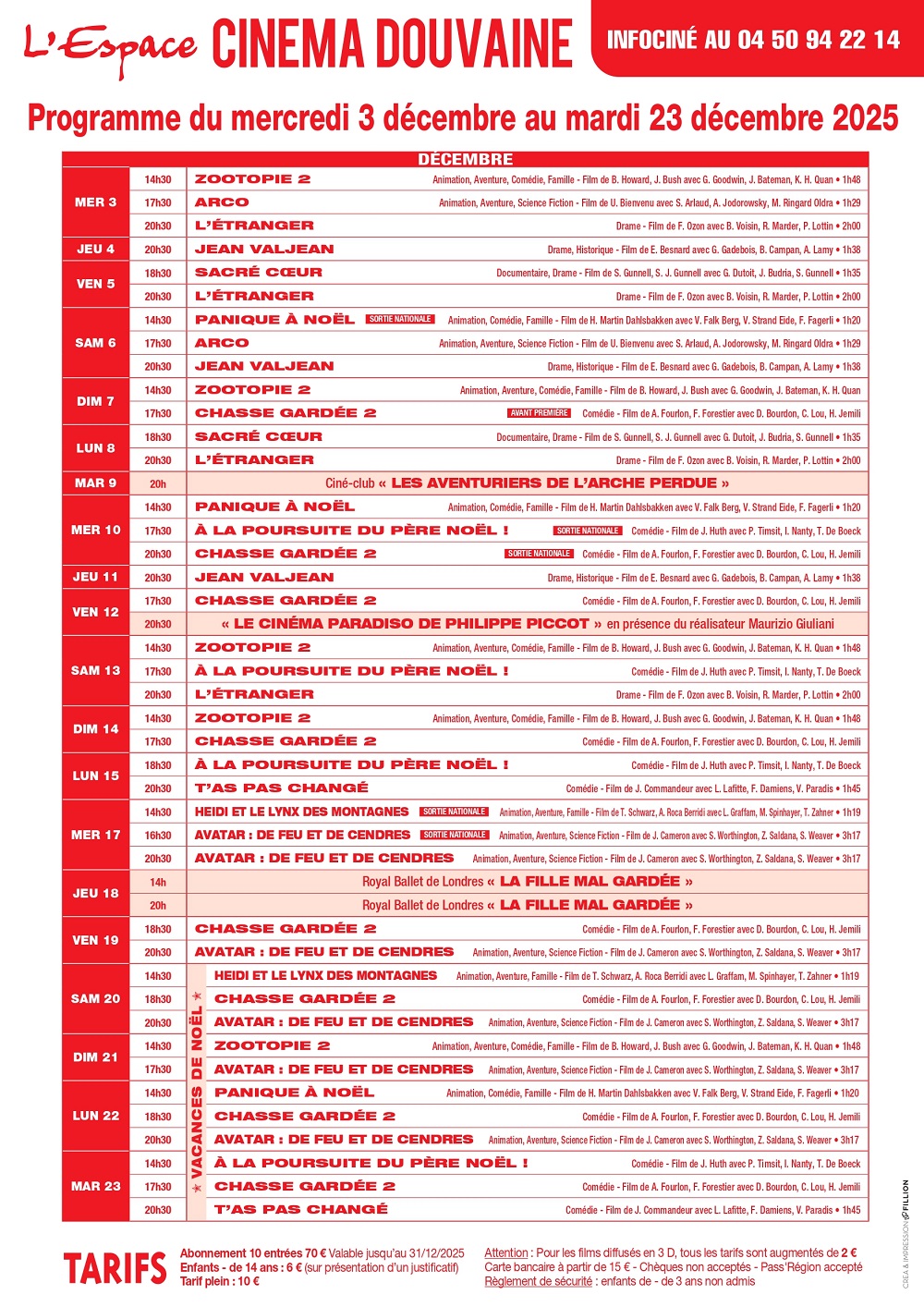 Programme décembre Espace cinéma Douvaine Prgramme complet de l'Espace Cinéma du 3 au 23 décembre 2025