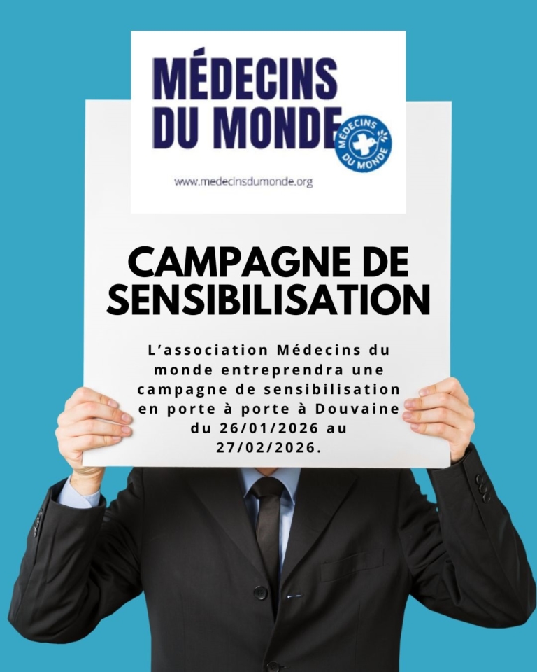 Affiche annonçant la campagne de sensibilisation de Médecins du Monde à Douvaine du 26/01/26 au 27/02/26