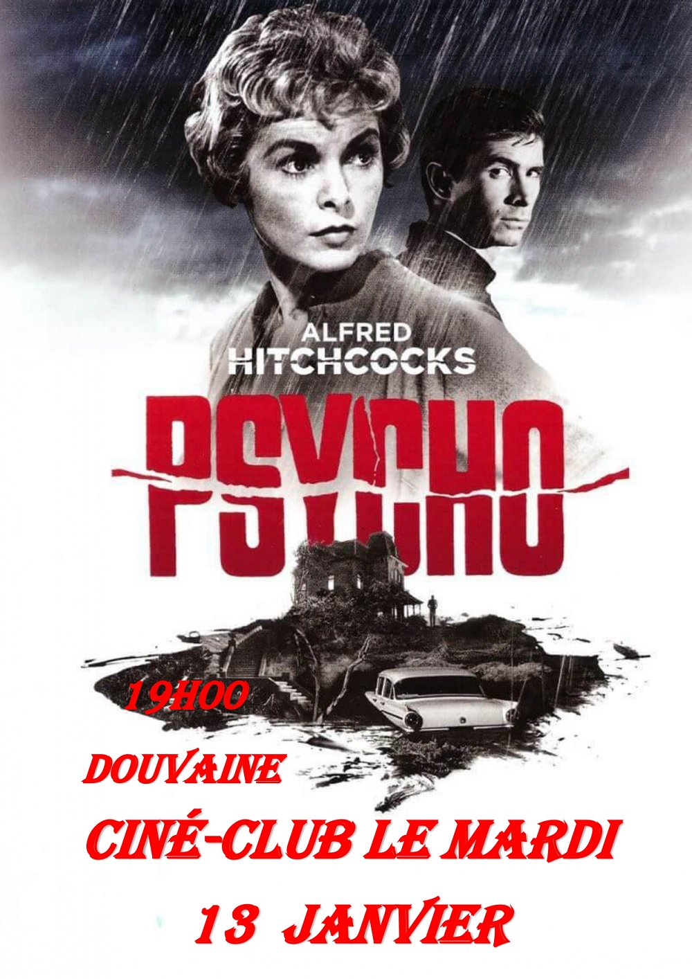 Cineclub Psychose 13 janvier 2026 affiche du film Psychose adapté pour la soirée du ciné-club du 13 janvier 2026 à l'Espace Cinéma