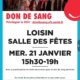 Affiche don du sang des donneurs de sang de Douvaine. Collecte exceptionnellement à Loisin le mercredi 21 janvier de 15h30 à 19h - salle des fêtes.