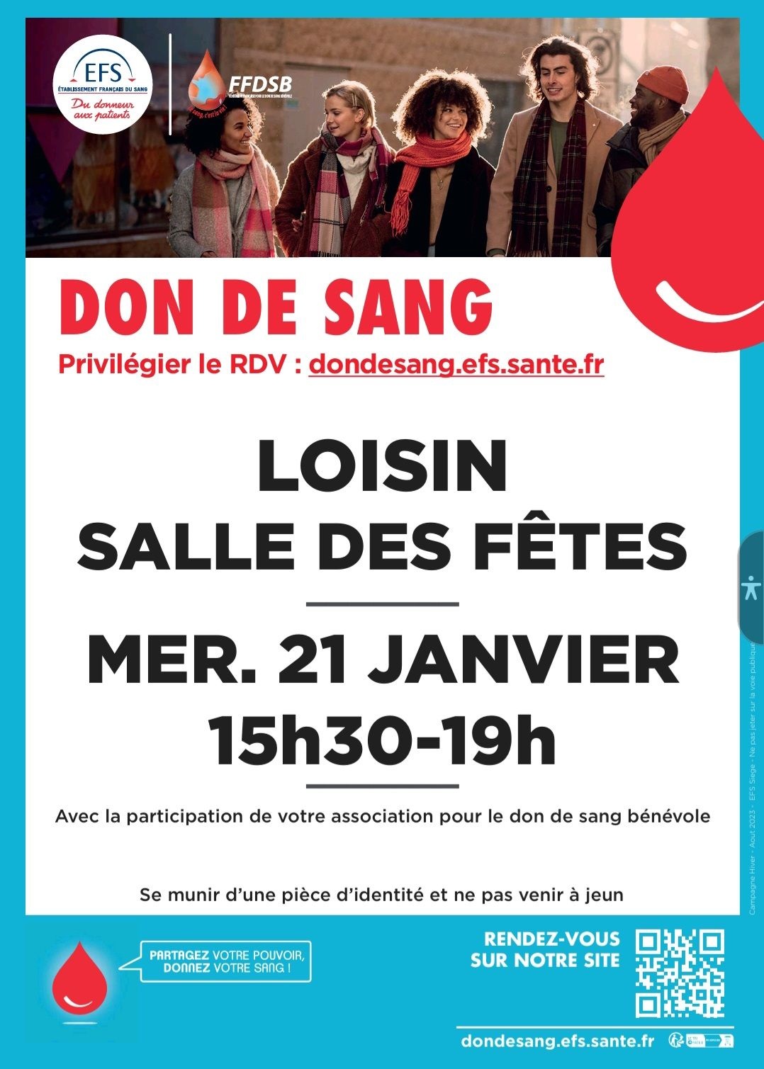 Affiche don du sang des donneurs de sang de Douvaine. Collecte exceptionnellement à Loisin le mercredi 21 janvier de 15h30 à 19h - salle des fêtes.