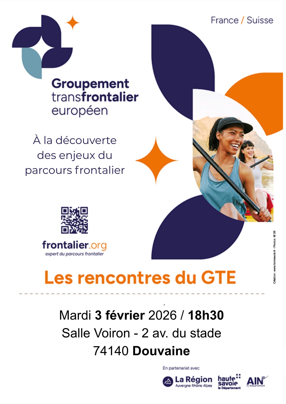 Affiche du Groupement transfrontalier européen qui vient à la rencontre de la population le mardi 3 février 2026 à 18h30 en salle Voiron - EAC - 2, Avenue du Stade à Douvaine