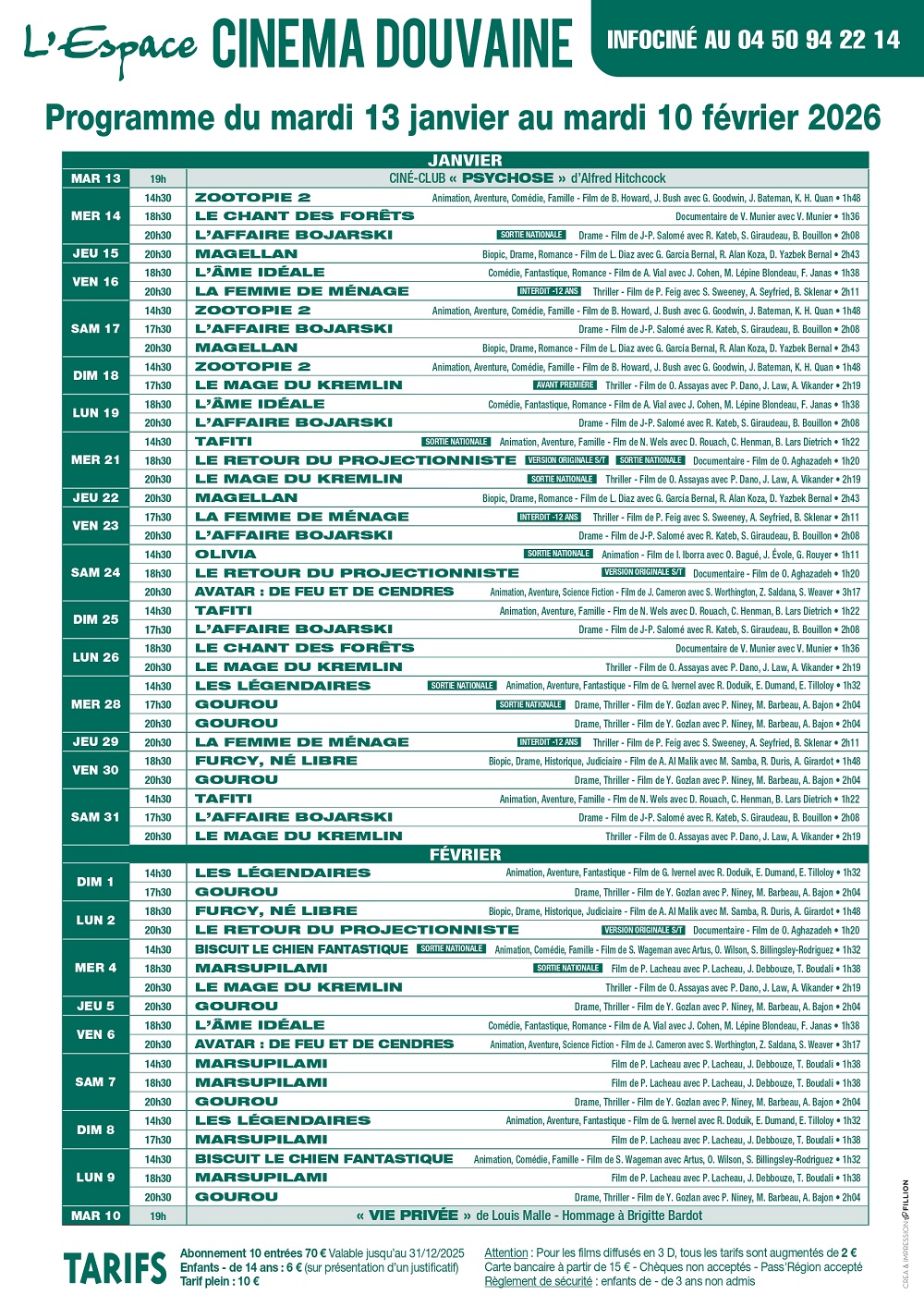 Programme A3 cinéma Douvaine janvier 2026 Programme du cinéma L'