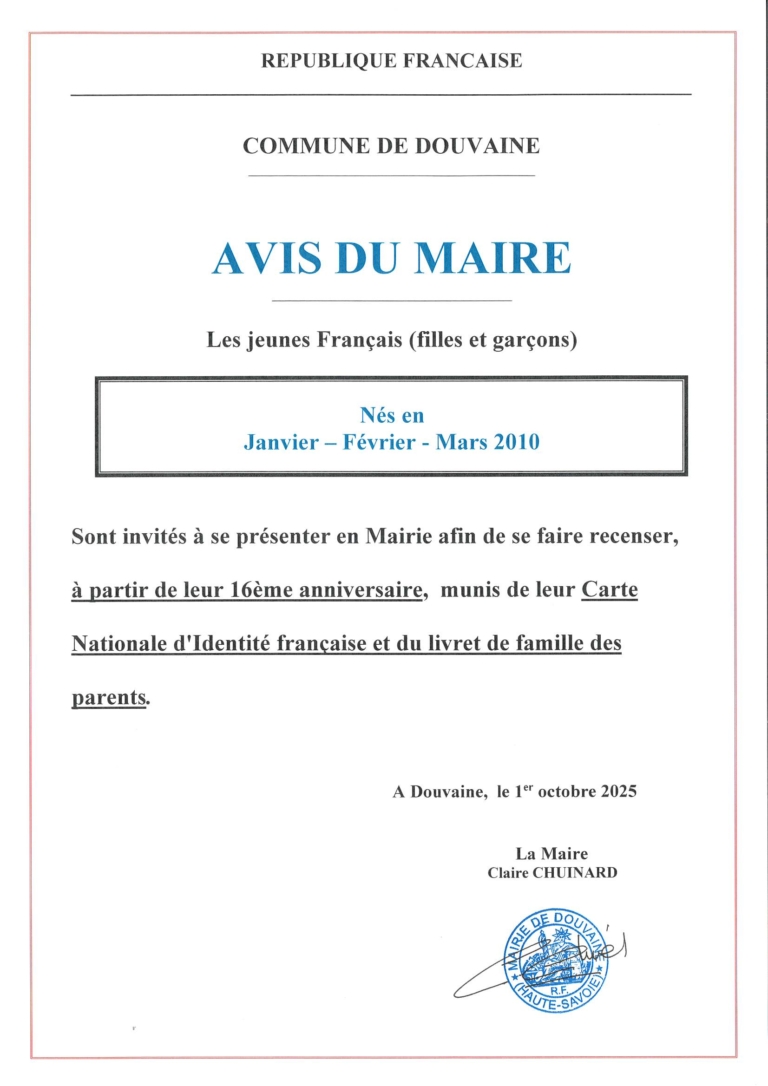 affiche appelant les jeunes nés en janvier, février et mars 2010 à se faire recenser