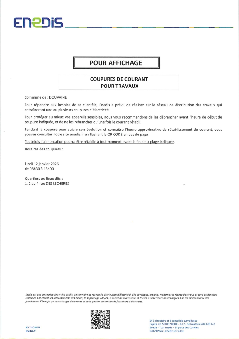 avis de copures de courant le 12/01/2026 de 8h30à 15h00 rue des lecheres