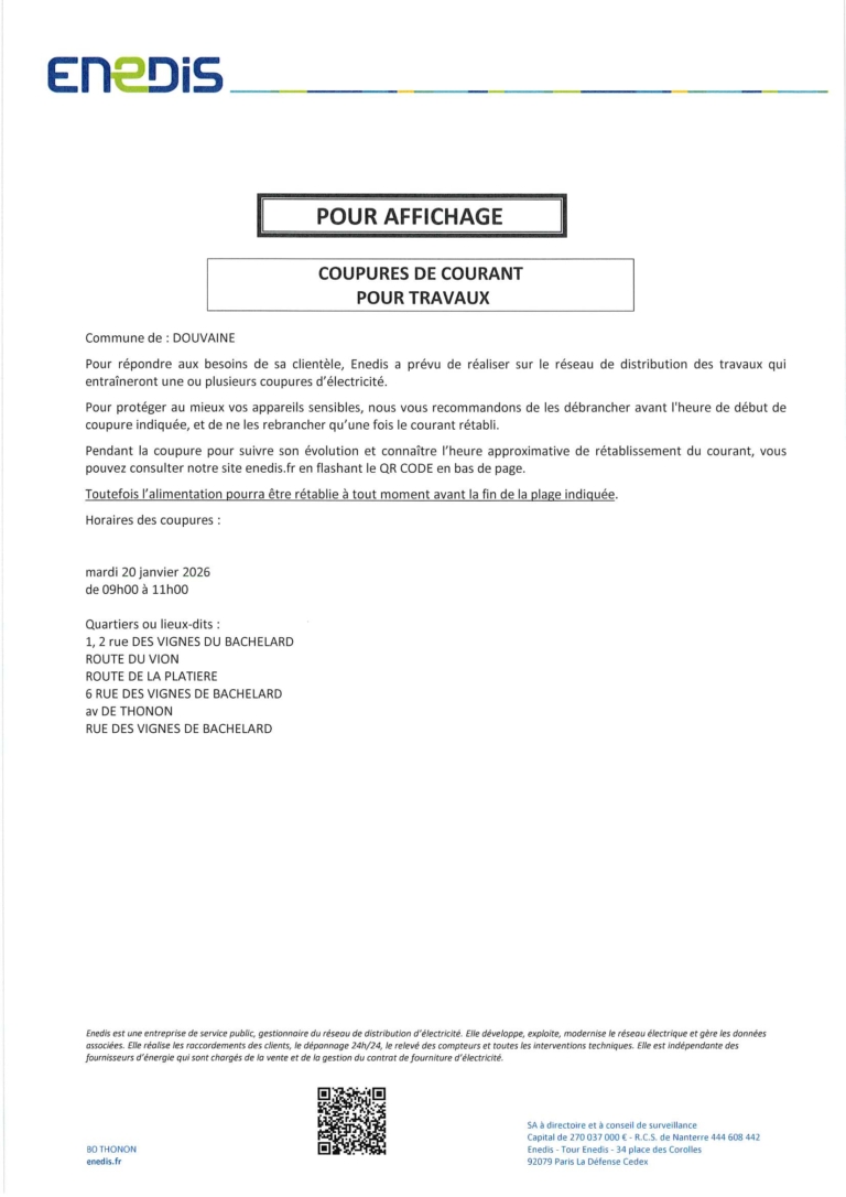 coupures de courant pour travaux le 20/01/2026 de 09h00à 11h00 rue des vignes de bachelard/rte du vion/rte de platiere/av de thonon